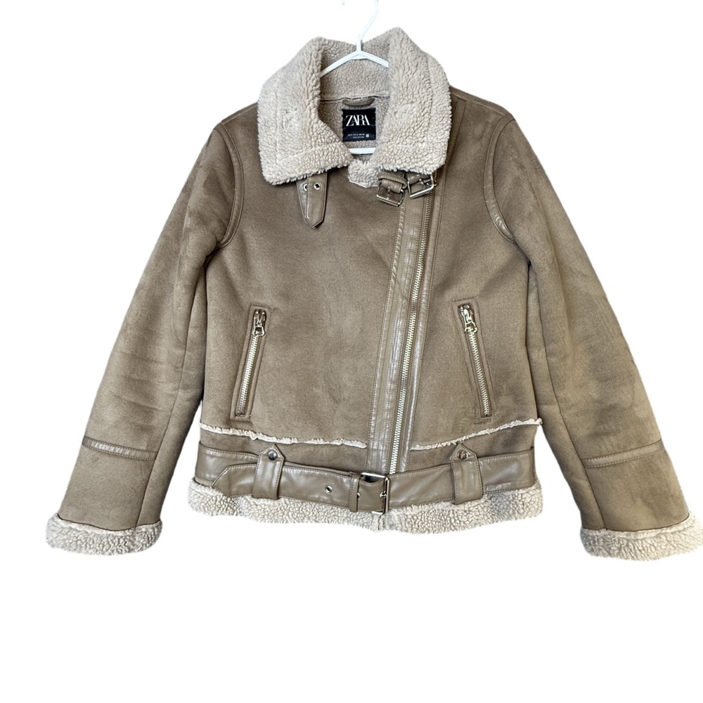 NEW! Zara Sherpa Moto Bomber Asymeteic Zip Light Brown Winter Jacket Size Small